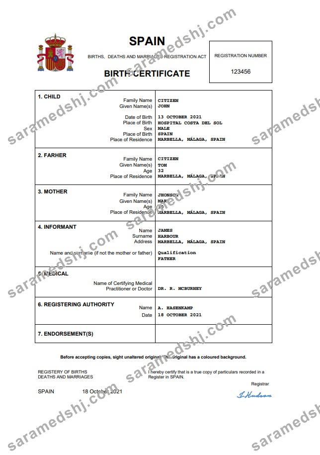 Spain birth certificate Word and PDF template